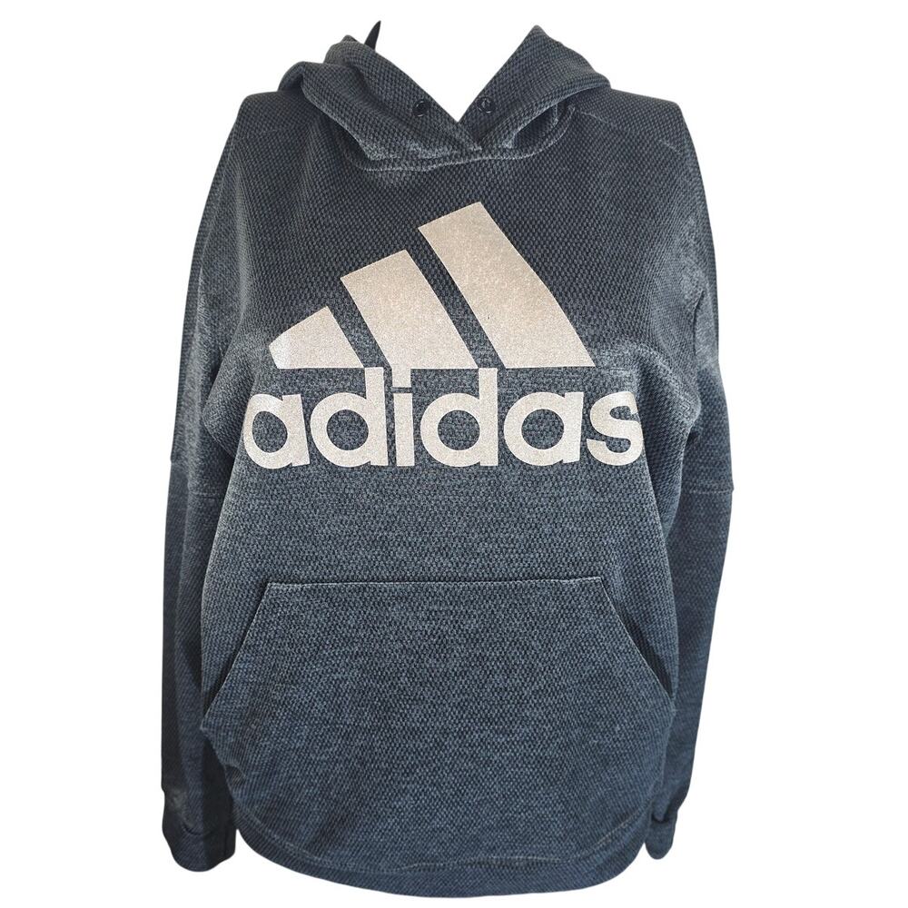 Adidas Gray Silver Sparkle Large Label Spell Out Hooded Sweatshirt Women Medium